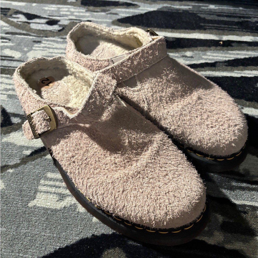Dr. Martens Fuzzy Blush Pink Buckle Clogs